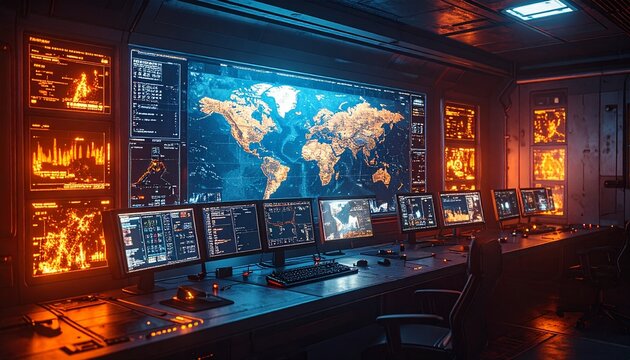 High-tech military warning interface in holographic 3D with orange flashing alerts and tactical HUD elements, low-light amber tones and futuristic cyber display.