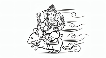 An elegant Ganesha Drawing showing the Hindu deity swiftly riding his mouse, a classic line art illustration.