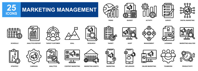 Marketing Management  icon set collection. Containing design Trend, Productivity, Investment, Digital Marketing, Licensing, Goal
