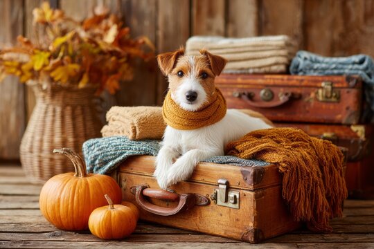 Cute dog in scarf lying on vintage suitcase with pumpkins and cozy autumn decor. Pet Travel Tips for Thanksgiving. Pet-Friendly Thanksgiving Travel Ideas