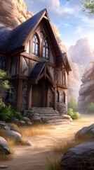 Fototapeta premium A gothic inn, depicted with incredible detail, sits leftward in a desert landscape, its 1-giixel rende showcasing a fantastical, standard v2-3000h quality.