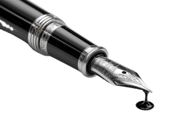 Close-up of a black fountain pen, ornate nib dripping ink
