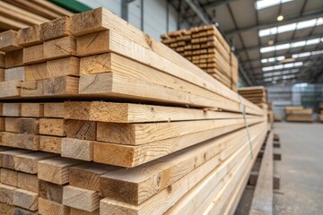 Close-up of stacked timber planks in carpentry warehouse. Wooden texture background showing natural grain, hardwood material, lumber for construction, woodworking, and industrial design purposes.