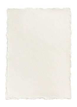 Textured sheet of white handmade paper with deckled edges on transparent background.