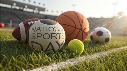 Close-up of a lush green grass field with scattered sports equipment representing diversity in outdoor games and athletic training