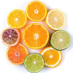 Obraz premium Citrus slices arranged in a circle on white background. Brightly colored citrus fruits, including oranges, lemons, limes, and blood oranges, are sliced and laid out in a circular pattern.