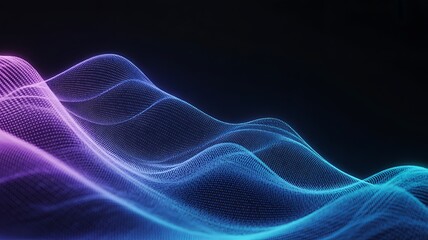 Abstract digital wave pattern with blue and purple neon lights on black background