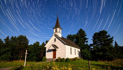 Rural church beneath a mesmerizing display of celestial star trail patterns