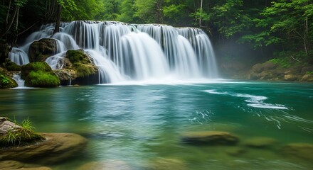 Fototapeta premium Serene Forest Waterfall with Turquoise Pool