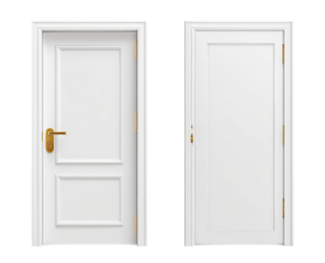 Two identical white doors with gold hardware, presented side-by-side.  Each door features a classic design with paneled sections and a decorative frame