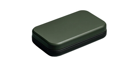 A dark olive green rectangular tin box