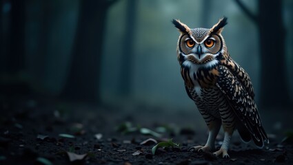 Majestic owl in a misty forest.