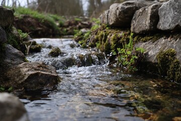 Clear stream cascading over rocks, surrounded by moss and greenery