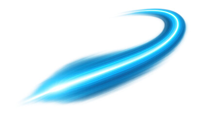 Dynamic blue light streak with a bright glowing center forming a graceful arc on transparent background.