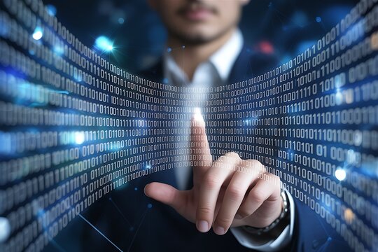 A businessman touching digital binary code hologram, representing future technology and innovation