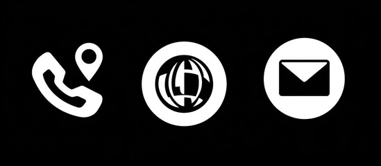 Contact icons in white on black background.  Phone, location, web, and email symbols