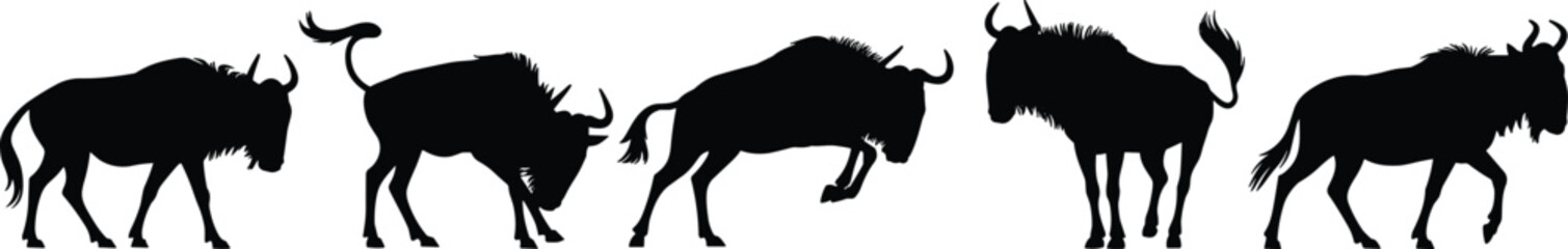 Wildebeest silhouettes in motion, jumping and walking sequence, African antelope progression, wildlife behavior, herd movement, vector animal art © Sagor Creatives