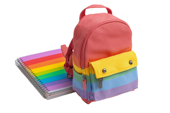 A vibrant colorful backpack and a rainbow stack of notebooks on a black background symbolizing education and creativity
