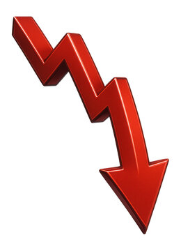 A shiny red downward zigzag arrow representing decline or decrease on a transparent background.