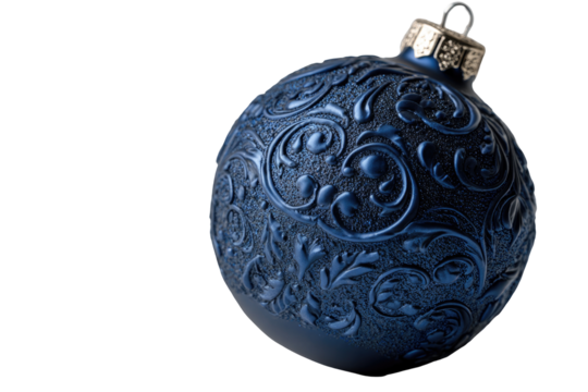 A deep blue Christmas ornament, spherical in shape, features intricate, embossed floral designs.  A metallic silver hanger is visible - Powered by Adobe