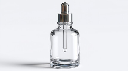 A clear many glass bottle with a dropper on white back ground