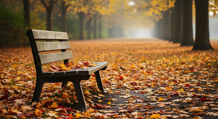 Empty Park Bench in an Autumn Park