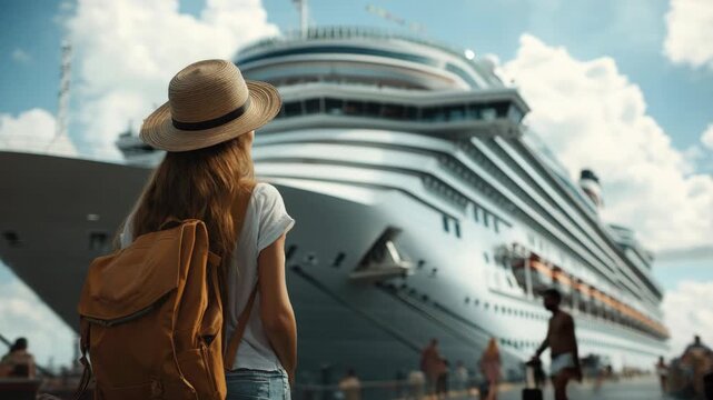 A woman with a straw hat and backpack, walking towards the entrance of a large cruise ship at a dock.