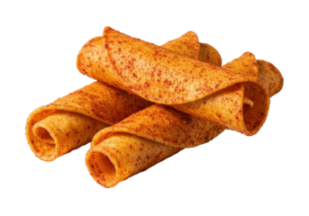 Three perfectly rolled golden-brown crispy taquitos, coated with vivid spicy red chili powder, on a minimalist solid transparent background with shadowless studio lighting, commercial food photography