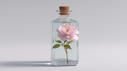 A clear glass bottle with rose flower on white background