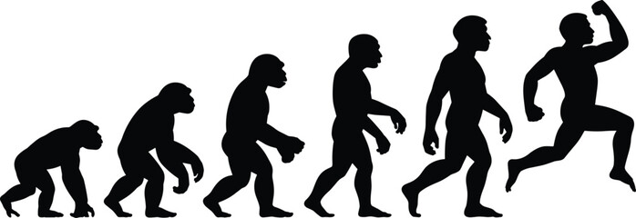 Human evolution silhouette from ape to triumphant man with raised fist, running leap pose, biology development concept, vector art