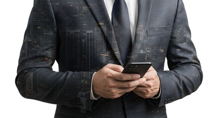 Businessman in Suit Using Smartphone with Cityscape Overlay