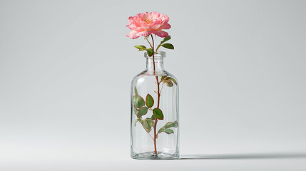 A clear glass bottle with rose flower on white background