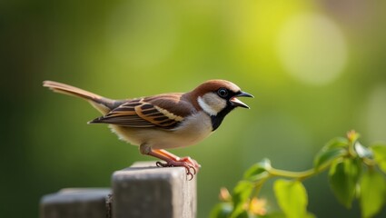 Close-up of a Eurasian Tree Sparrow perched on a wooden fence post.
