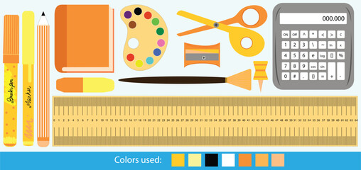orange and yellow theme back to school supplies kit clip art set. Calculator, scissors, brush and color palette, eraser, diary, scale, pencil, marker, brush pen, bobby pin hand drawn vector clip art. 