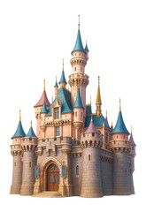 Enchanting fairytale castle with multiple towers and spires featuring colorful rooftops and intricate details on transparent background.