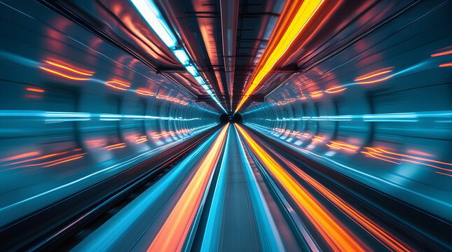 Futuristic underground tunnel with vibrant orange and blue light trails creating a dynamic long exposure effect, symbolizing high-speed travel, technology, and urban connectivity