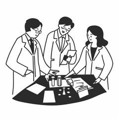 Scientists collaborate on research, reviewing data and vials in lab setting