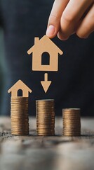Hand Placing House Icon Above Gold Coin Stacks Representing Investment and Real Estate