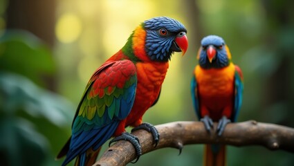 Fototapeta premium Two colorful parrots perched on a branch.