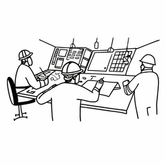 Workers in hard hats collaborate at control panels, planning operations meticulously.