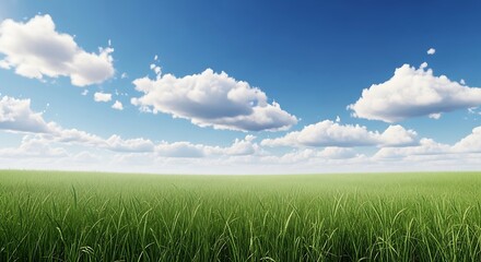 Obraz premium Vast Green Meadow Under a Blue Sky with Fluffy Clouds