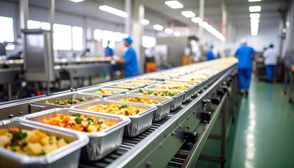 Food factory: Aluminum trays filled with prepared meals on a conveyor belt
