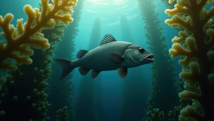 Obraz premium Detailed illustration of a fish in a kelp forest.