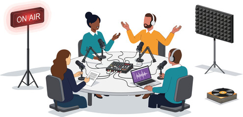 Illustration of four people recording a podcast with microphones and an on air sign present