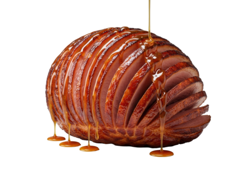 Perfectly prepared, glistening spiral-cut holiday ham with golden-brown caramelized edges & amber glaze slowly dripping on a seamless transparent studio background, culinary perfection concept