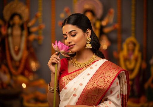 A woman wearing a traditional white and red saree, she holding a pink lotus flower close to her face, in the Durga puja blurred background.