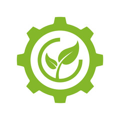 Eco friendly logo with gear and leaf merged in circular design for sustainability