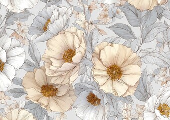 Delicate floral pattern of pale peach and white blooms, with muted gray leaves and stems, set against a light gray background