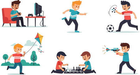 A collection of illustrations depicting children engaged in various activities and hobbies with simple backgrounds