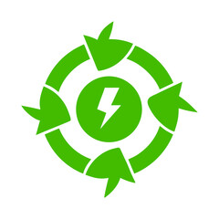 Leaf circle surrounding recycle symbol and energy bolt for green sustainability